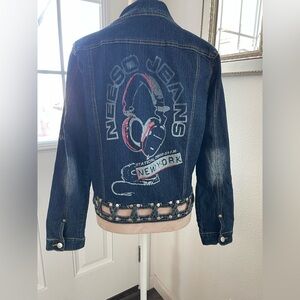 Neeso Denim Jacket with Graphic Headphones and New York Text - Dark Blue